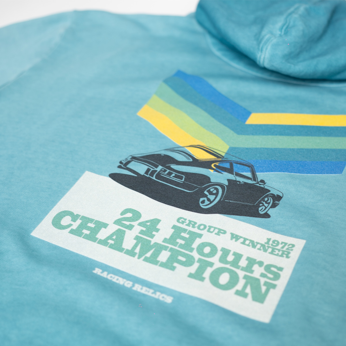 Racing Relics 24H Group Winner hoodie – organic cotton oversized sweatshirt with vintage 1972 Porsche race print and washed finish