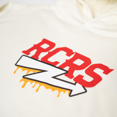 Racing Relics RCRS hoodie in off-white – oversized 420g organic cotton hoodie with embroidered sleeve patch and bold RC Racing System logo