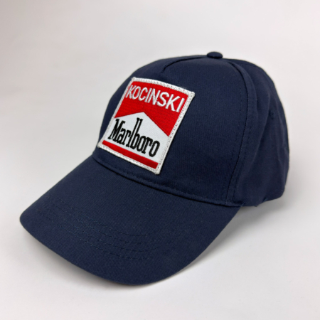 Navy vintage cap with red-and-white Kocinski Marlboro patch on front.