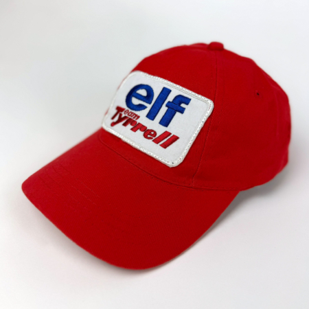 Red Racing Relics cap with embroidered ELF Team Tyrrell patch.